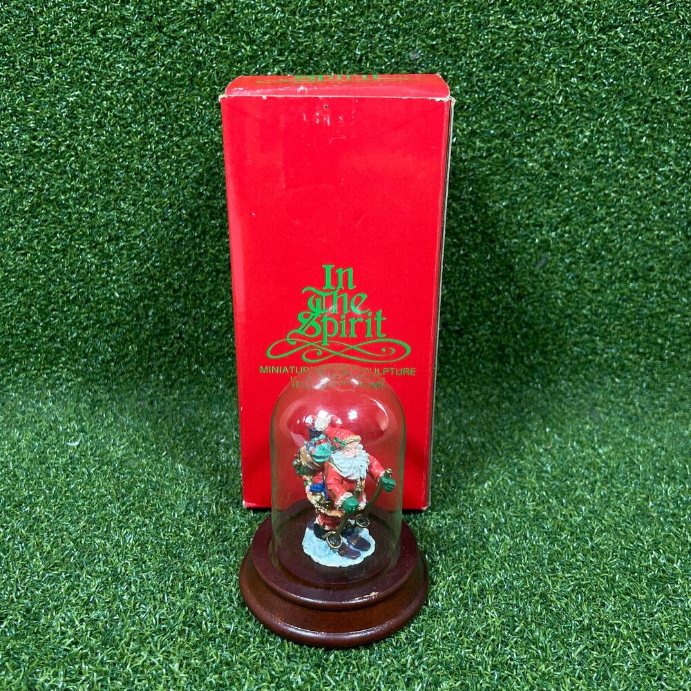 Vintage Dept 56 Mini Wooden Pedestal Santa Claus Figurine in Glass Dome